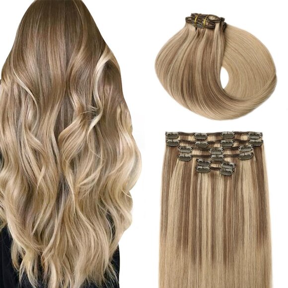 Other - Human Hair Clip in Extensions Balayage Golden Brown to Caramel Blonde 14 Inch
